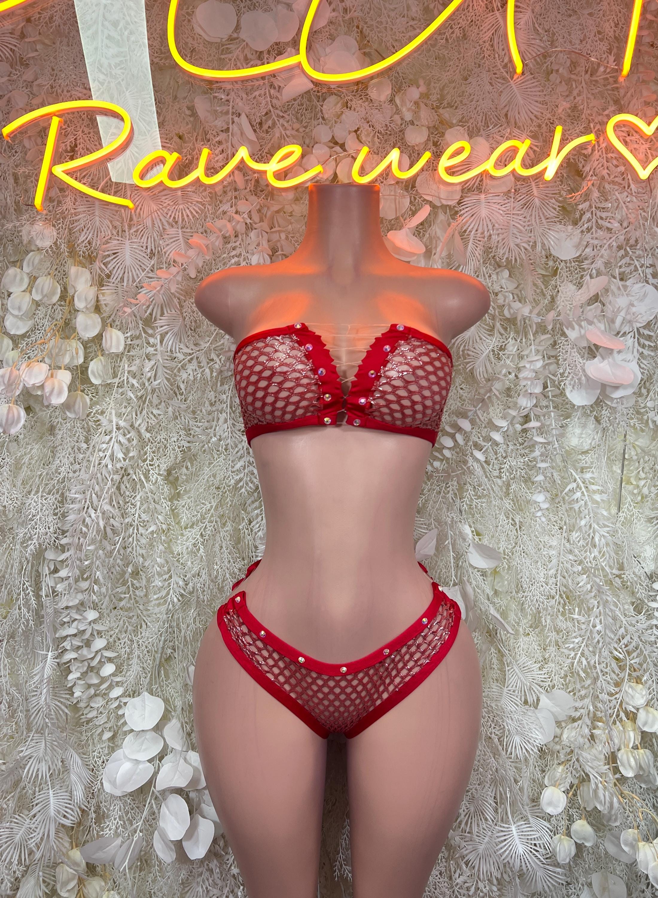 Red mesh two-piece bikini set with sweetheart bra and high-cut bottoms