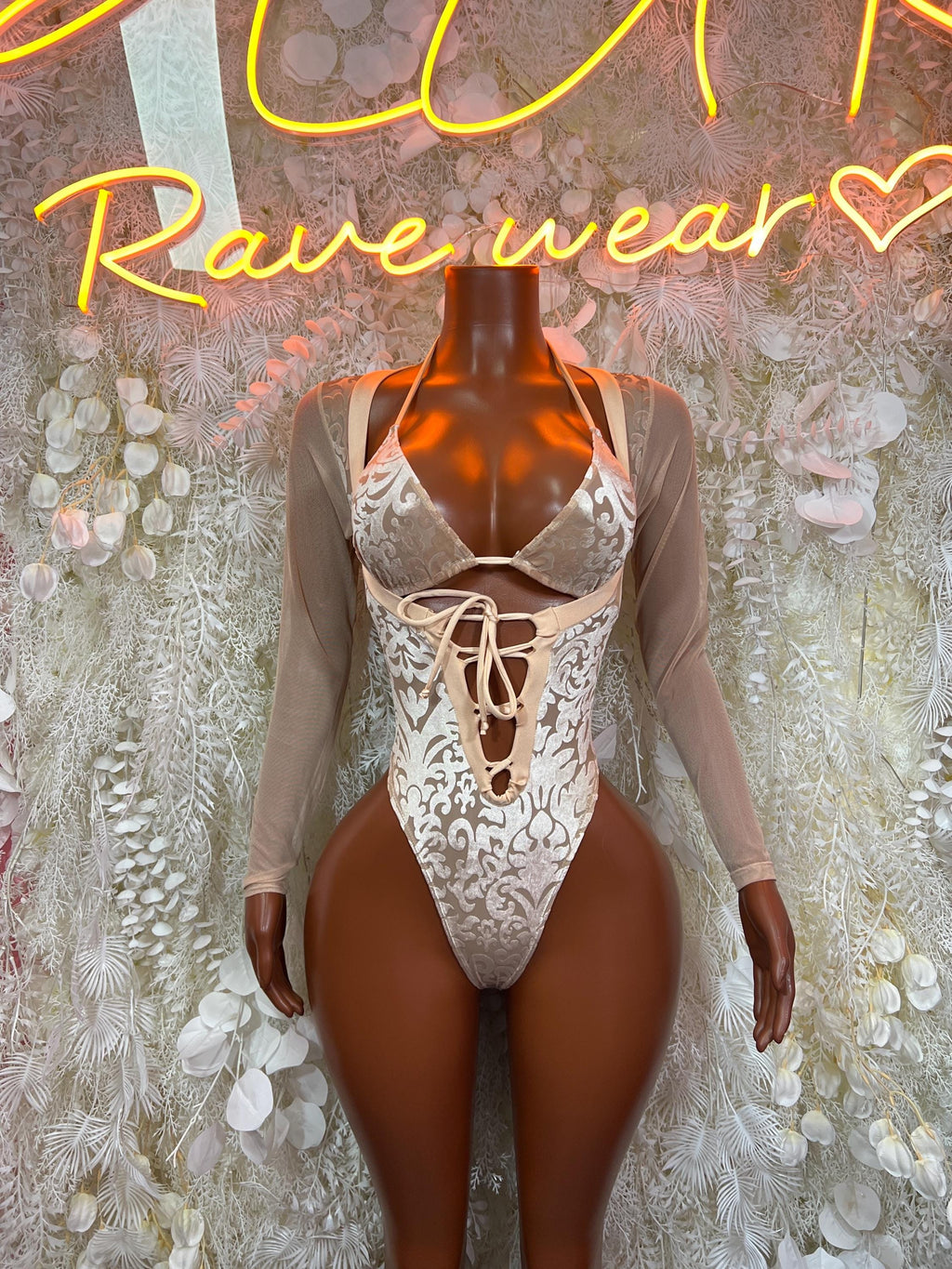 Champagne gold lace crisscross cutout bodysuit with long sheer sleeves