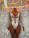 Champagne gold lace crisscross cutout bodysuit with long sheer sleeves