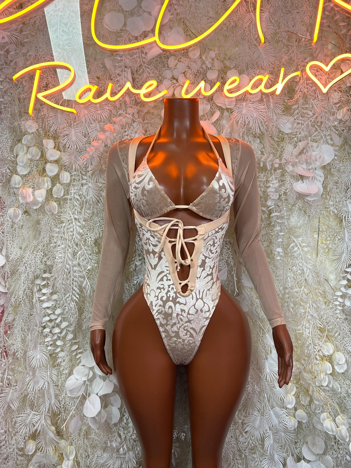 Champagne gold lace crisscross cutout bodysuit with long sheer sleeves