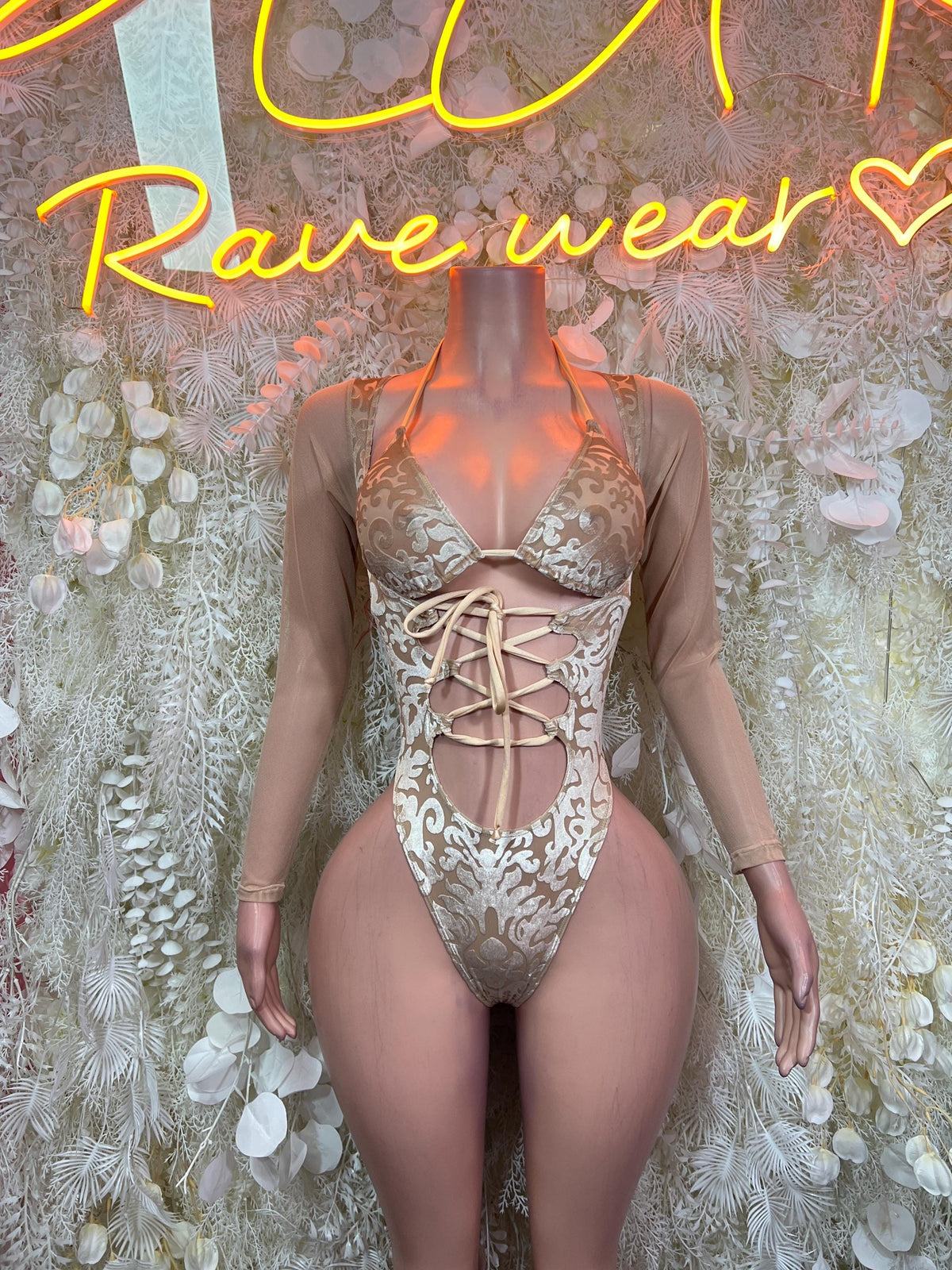 Champagne gold lace criss-cross cutout bodysuit with long sheer sleeves and V neckline