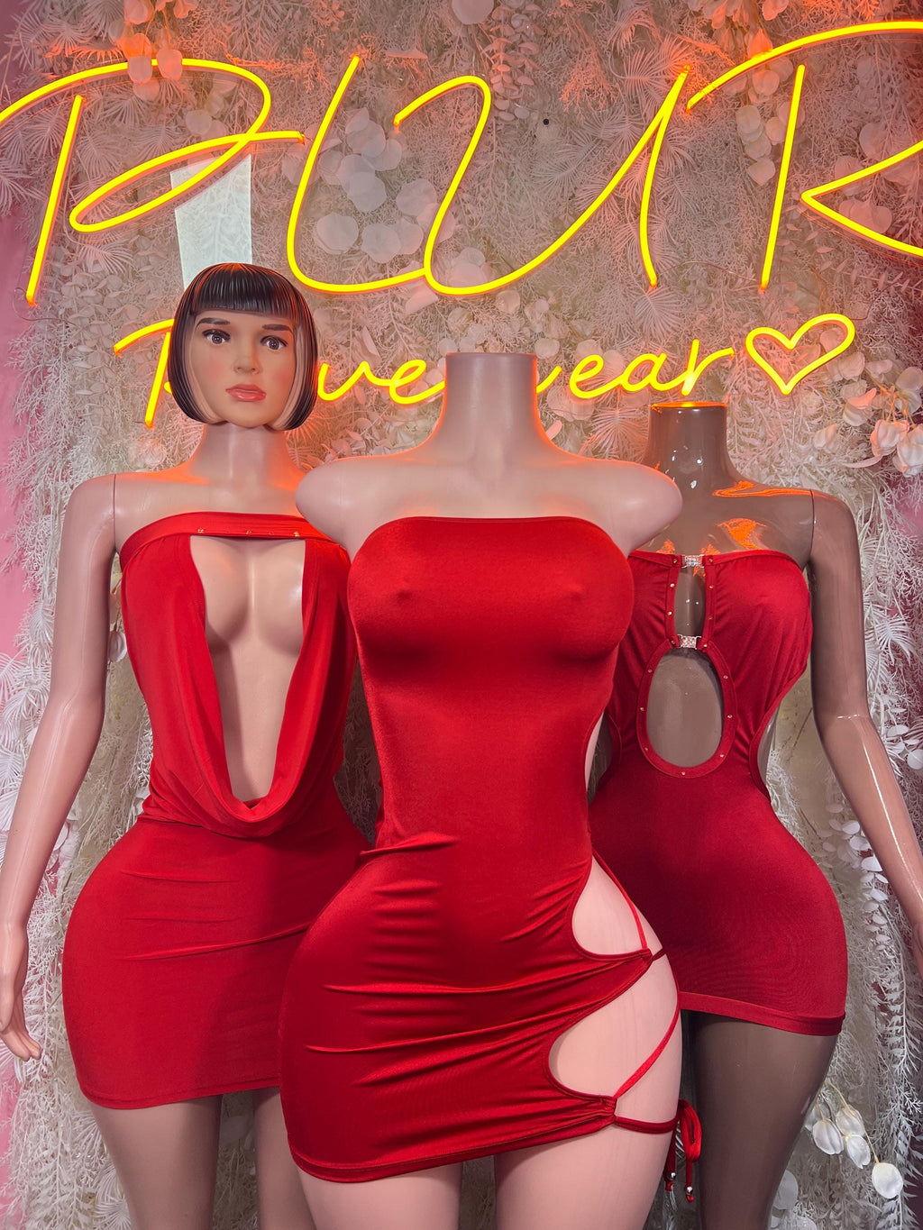 Red strapless mini dress with front draped cutout and ruched bodycon fit