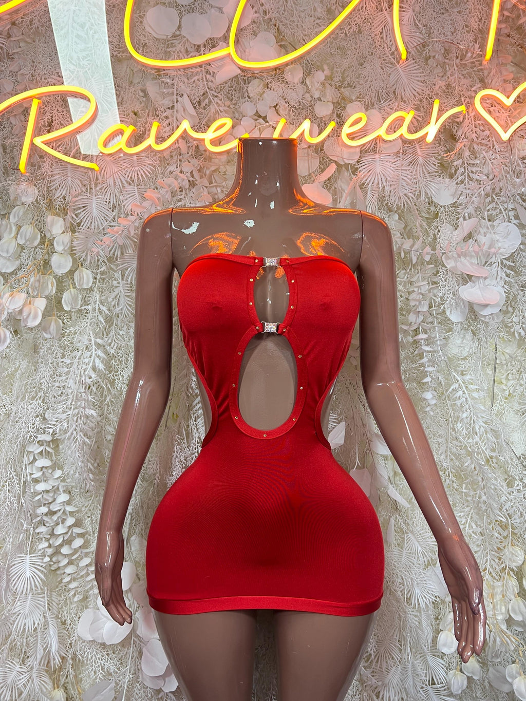 Red mini dress with keyhole cutout and studded bust detail