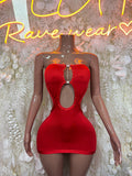 Red mini dress with keyhole cutout and studded bust detail