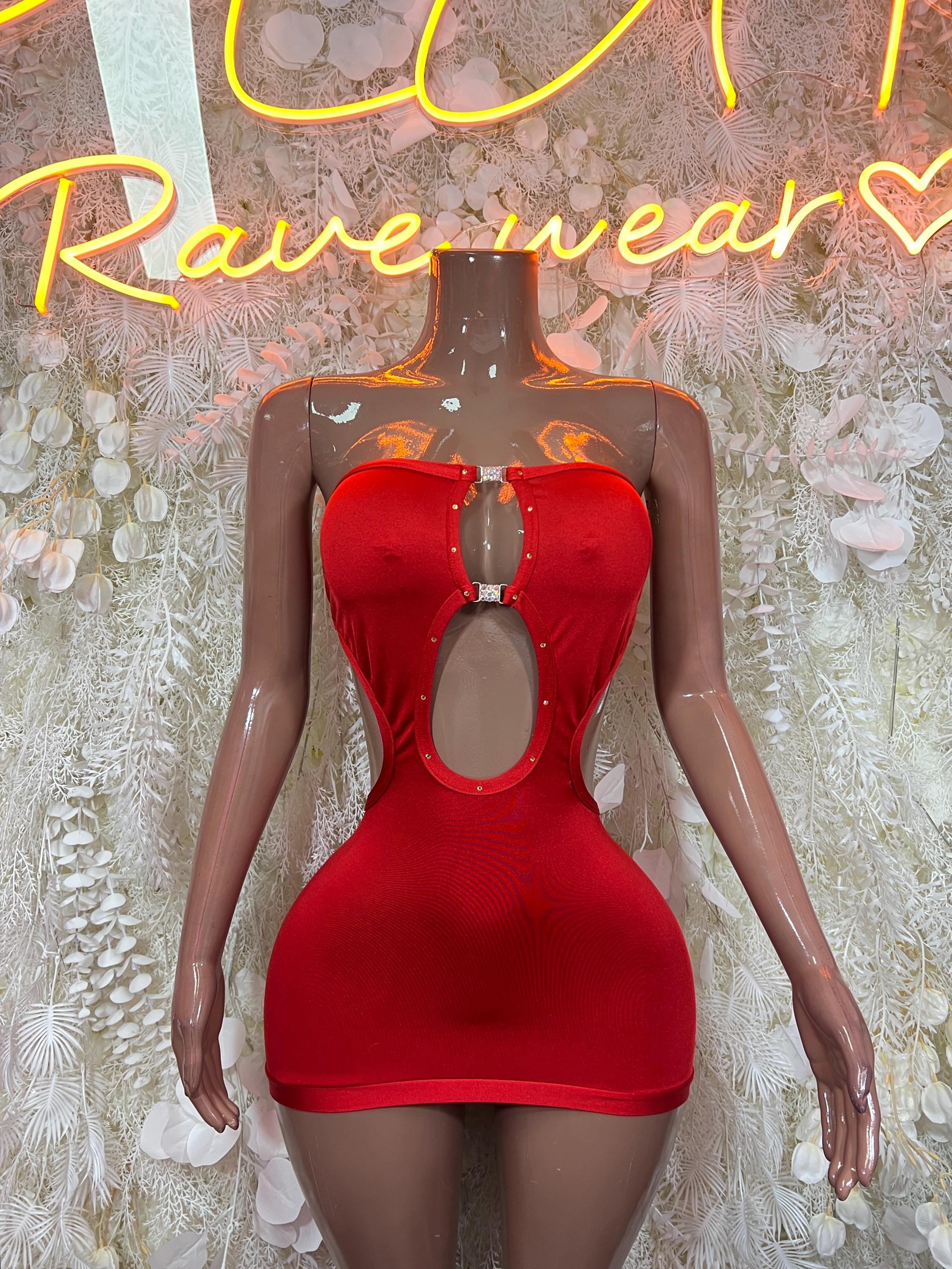 Red mini dress with keyhole cutout and studded bust detail
