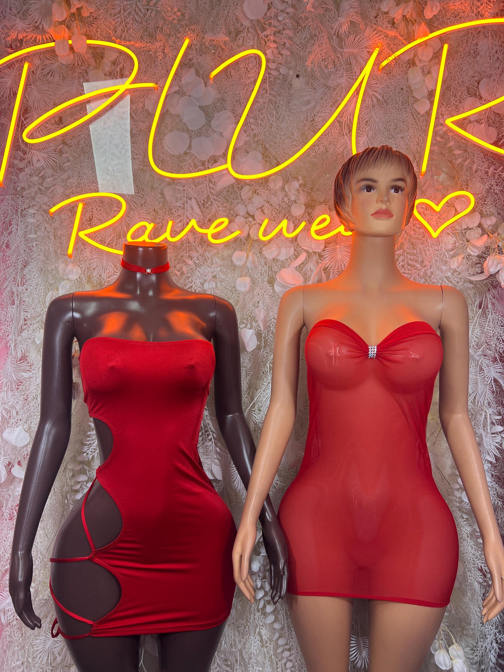 Red strapless mini dress with front cutout sides and back strap tie detail