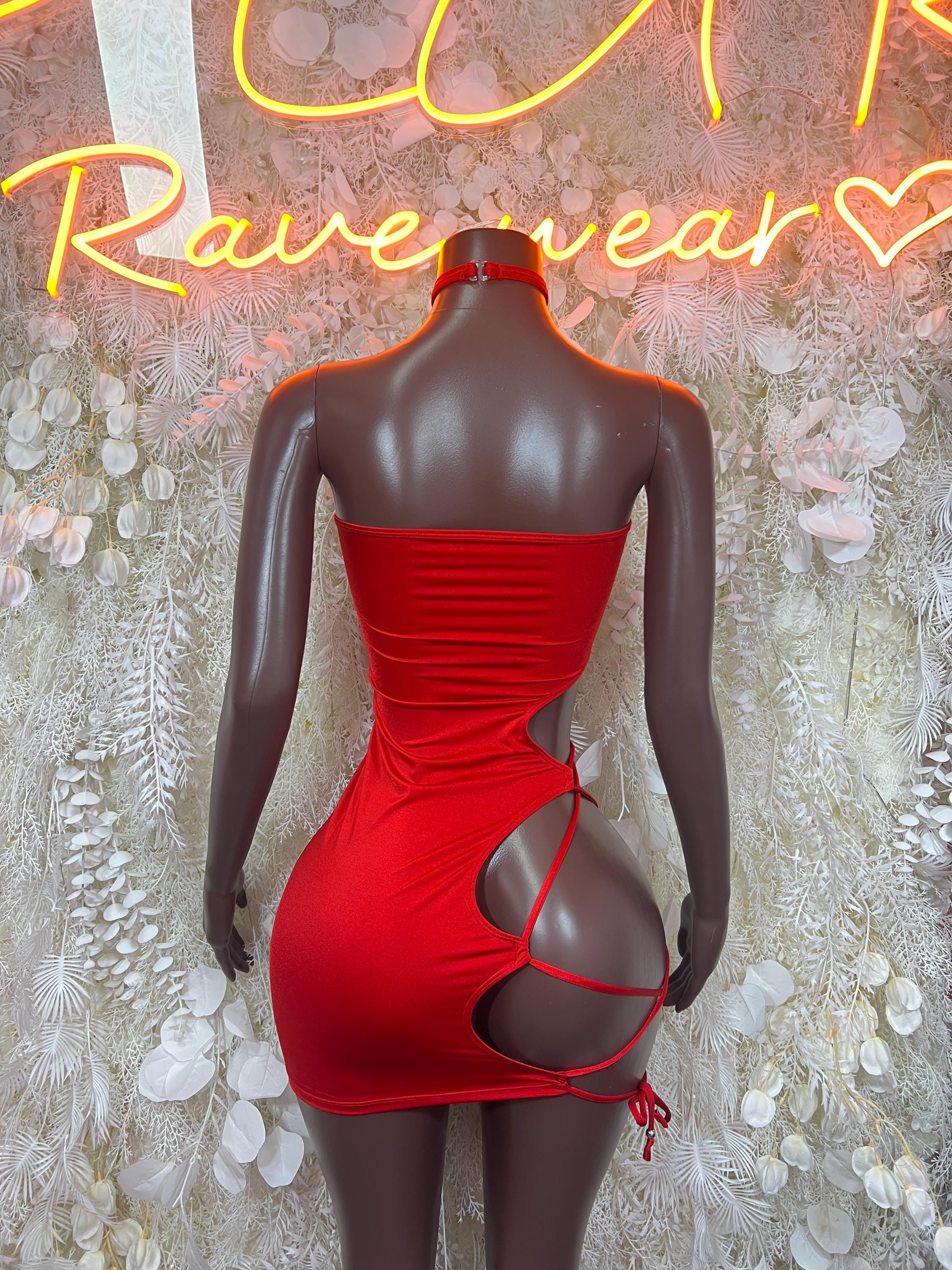 Red Cutout Strapless Bodycon Dress – Side Tie Choker Rave Outfit