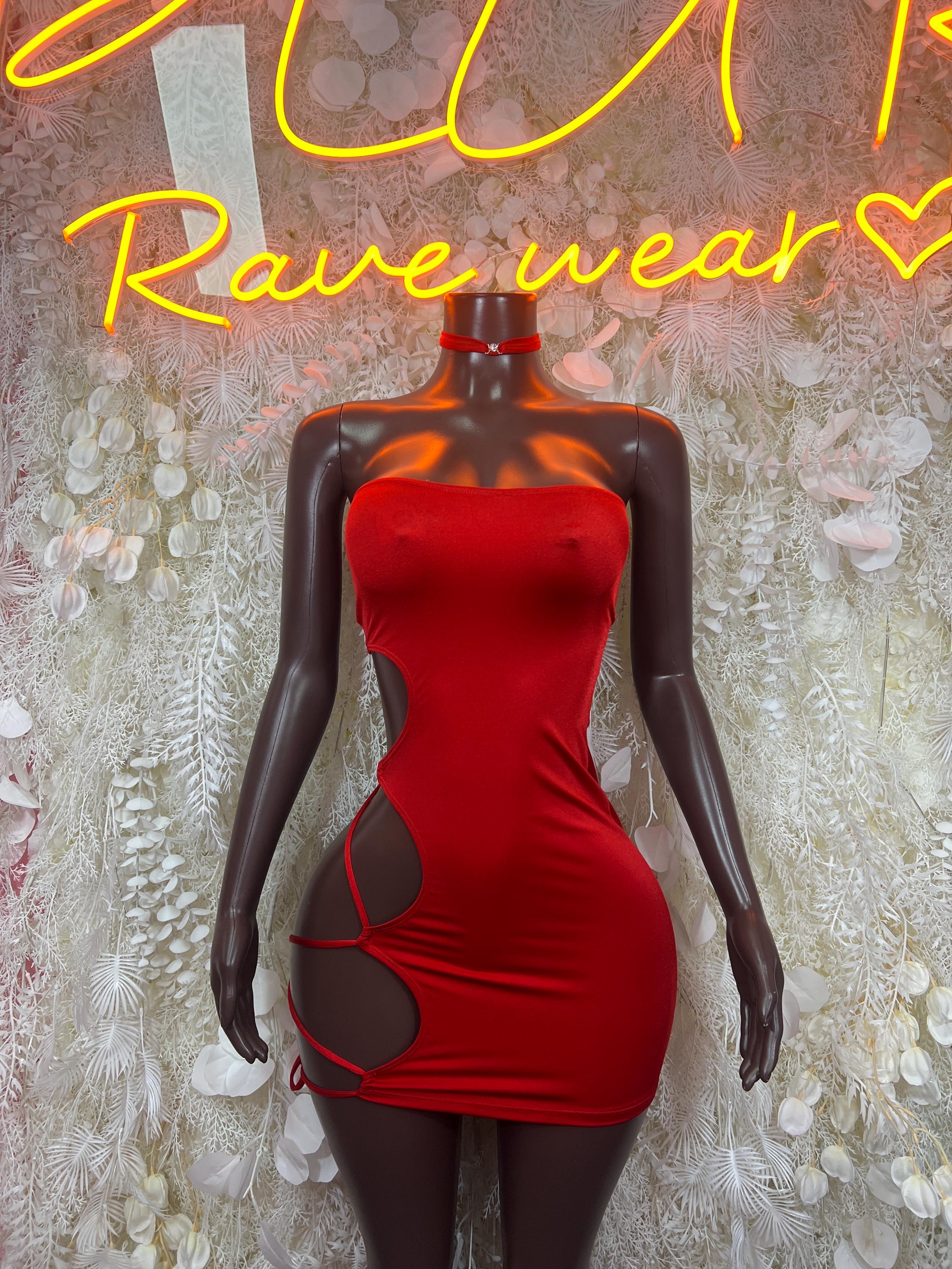 Red strapless mini dress with side cutouts, tie straps, and choker-style neck detail