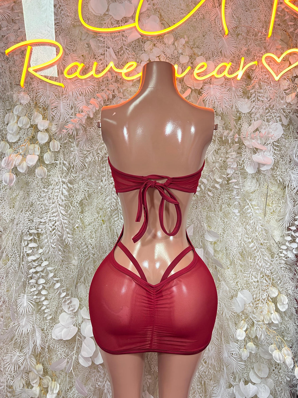 Wine red rhinestone mesh cutout bodysuit with back lace-up tie, mannequin