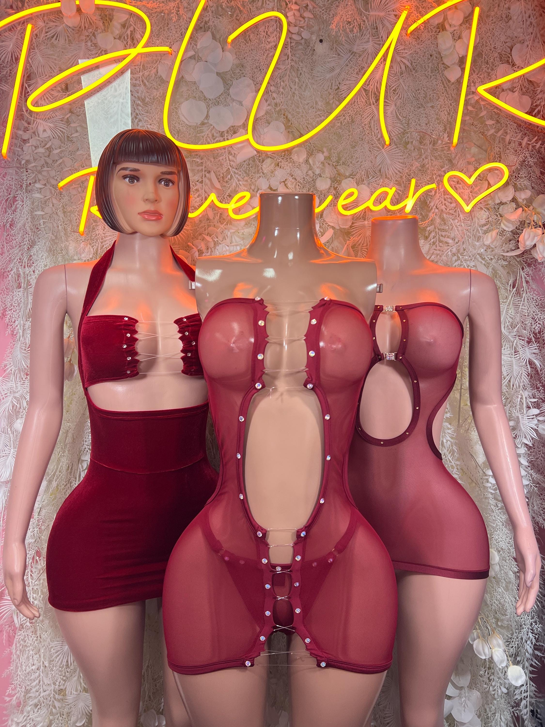 Wine red velvet mini dress with halter neckline, plus sheer red lingerie detail