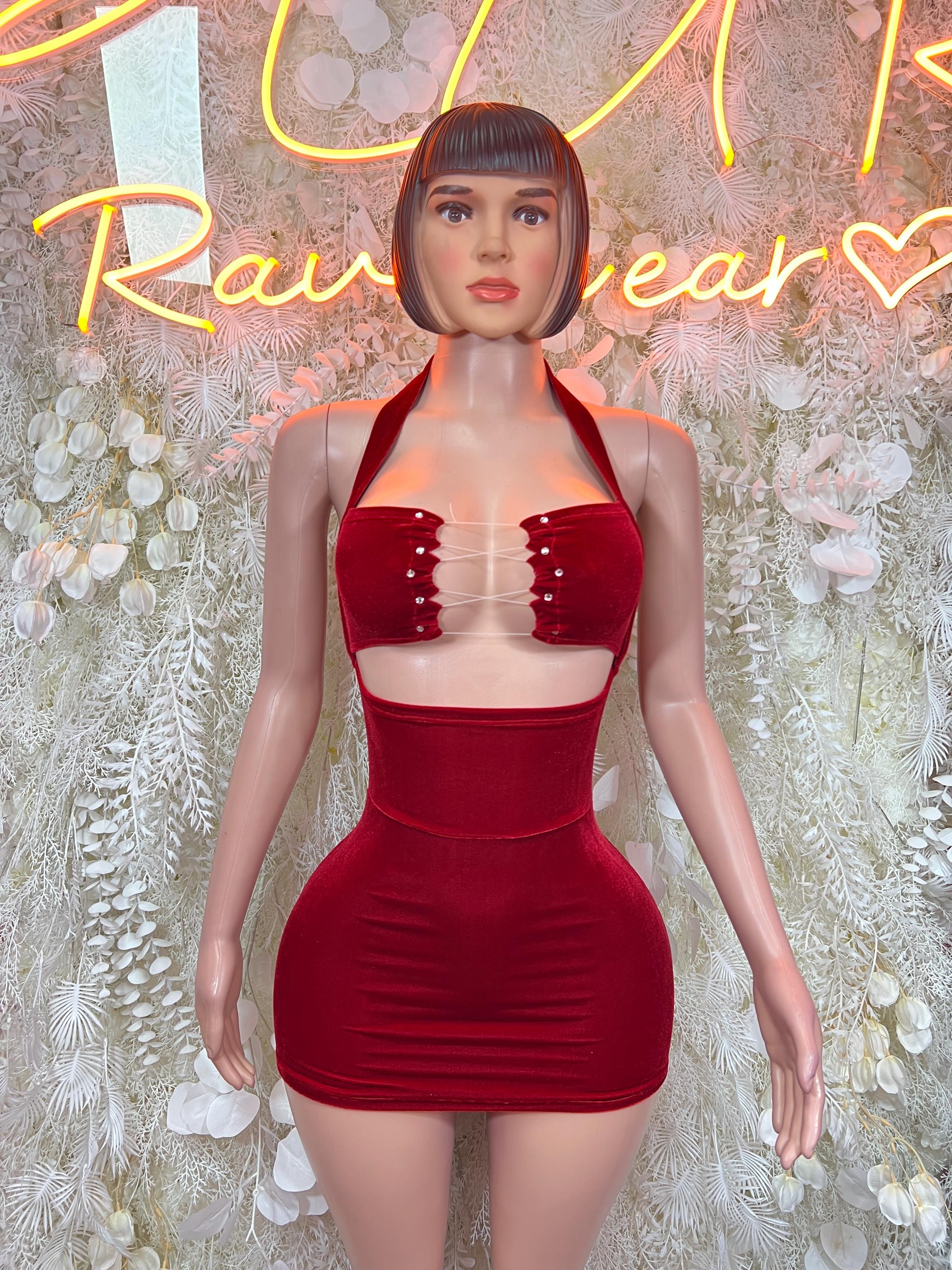 Wine red velvet mini dress with halter neckline, sleeveless, fitted silhouette