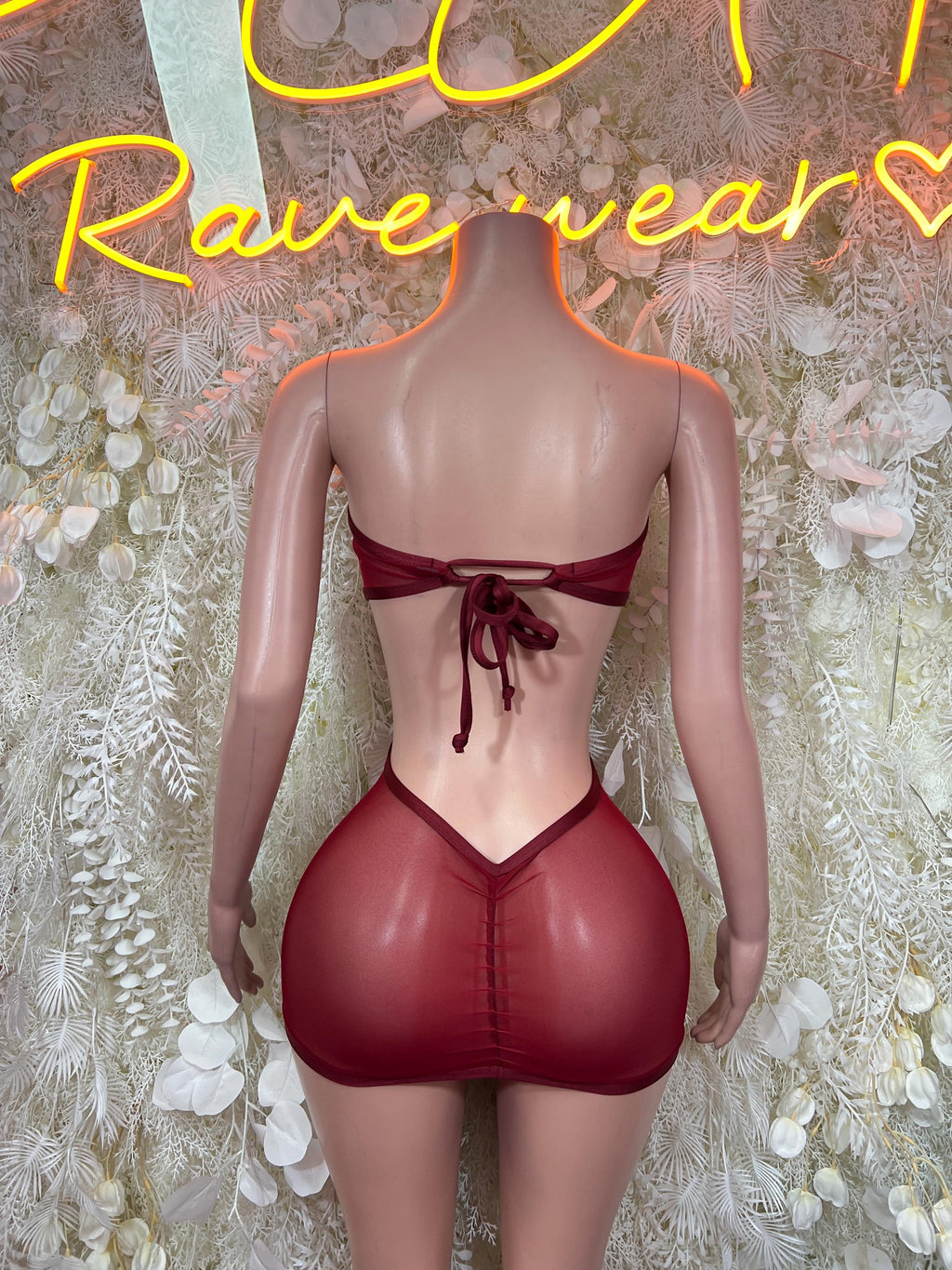 Wine-red rhinestone mesh cutout bodysuit with open back and ribbon tie