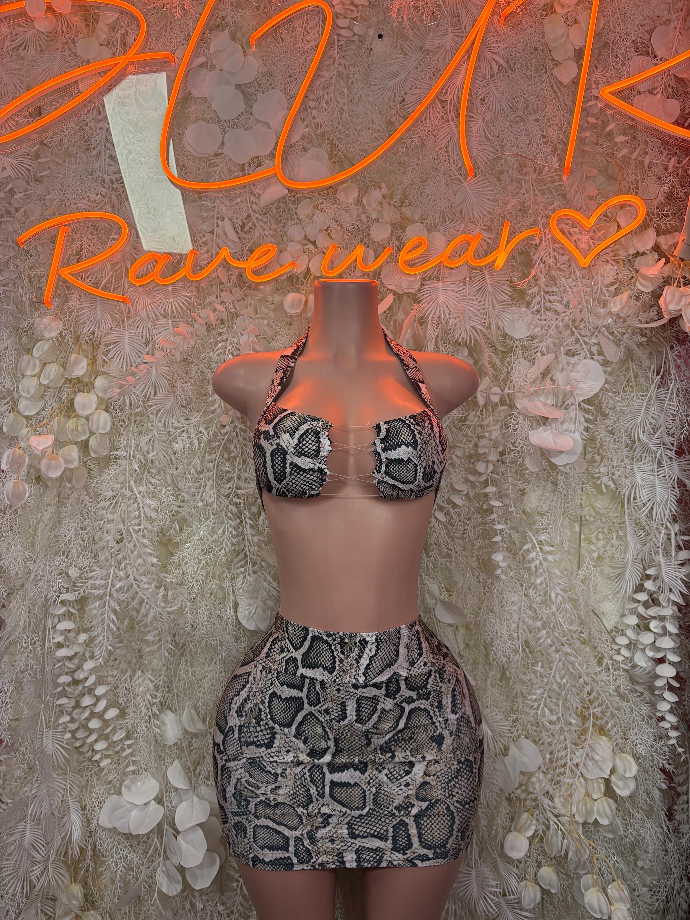 Snake print cutout mini skirt set with halter bra top and matching short skirt