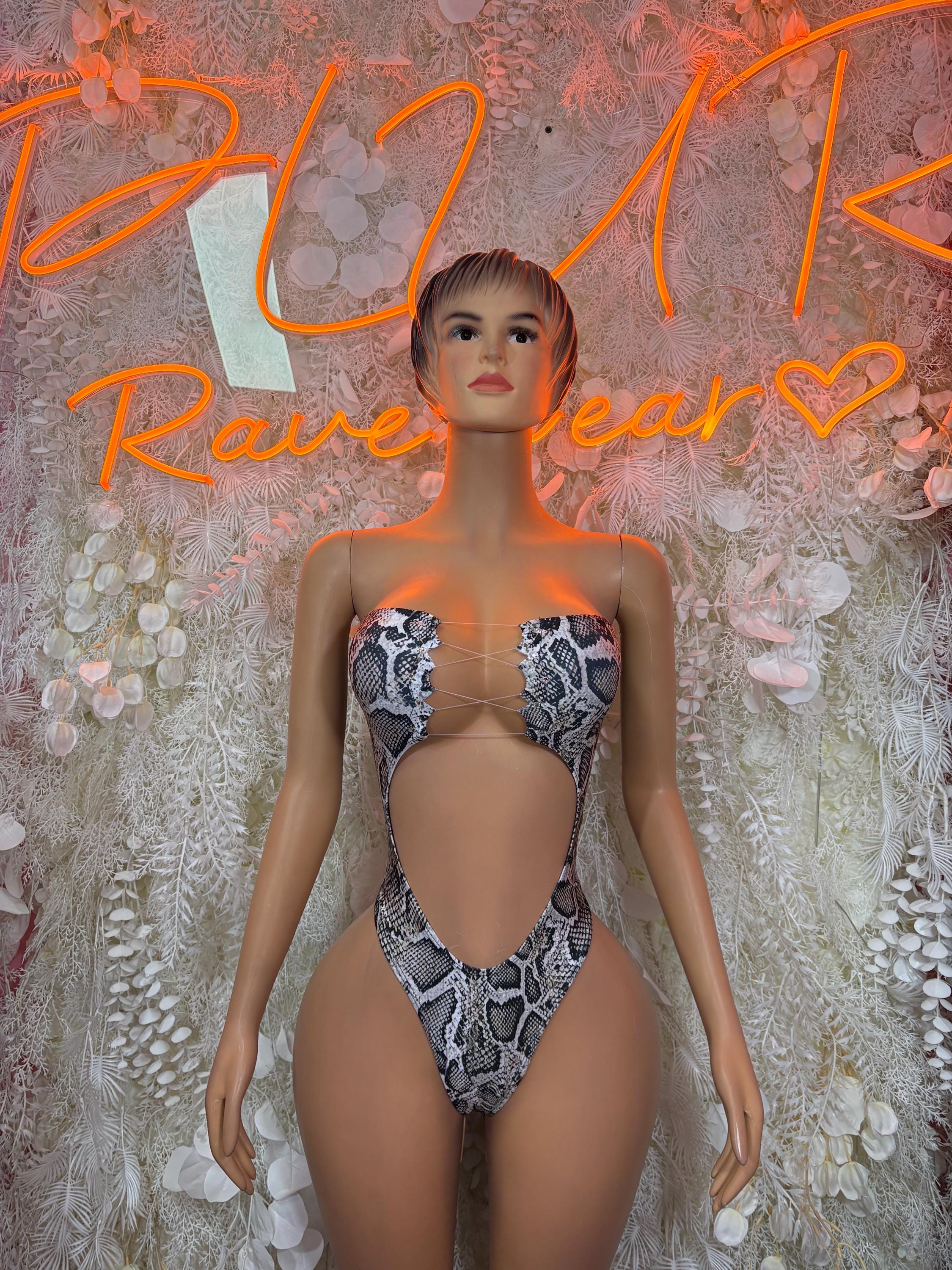 Snake print cutout monokini one-piece with high-cut legs, bandeau bra top, front cutout