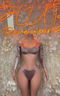 Rose gold metallic crop top and high-cut bottoms, long sleeves