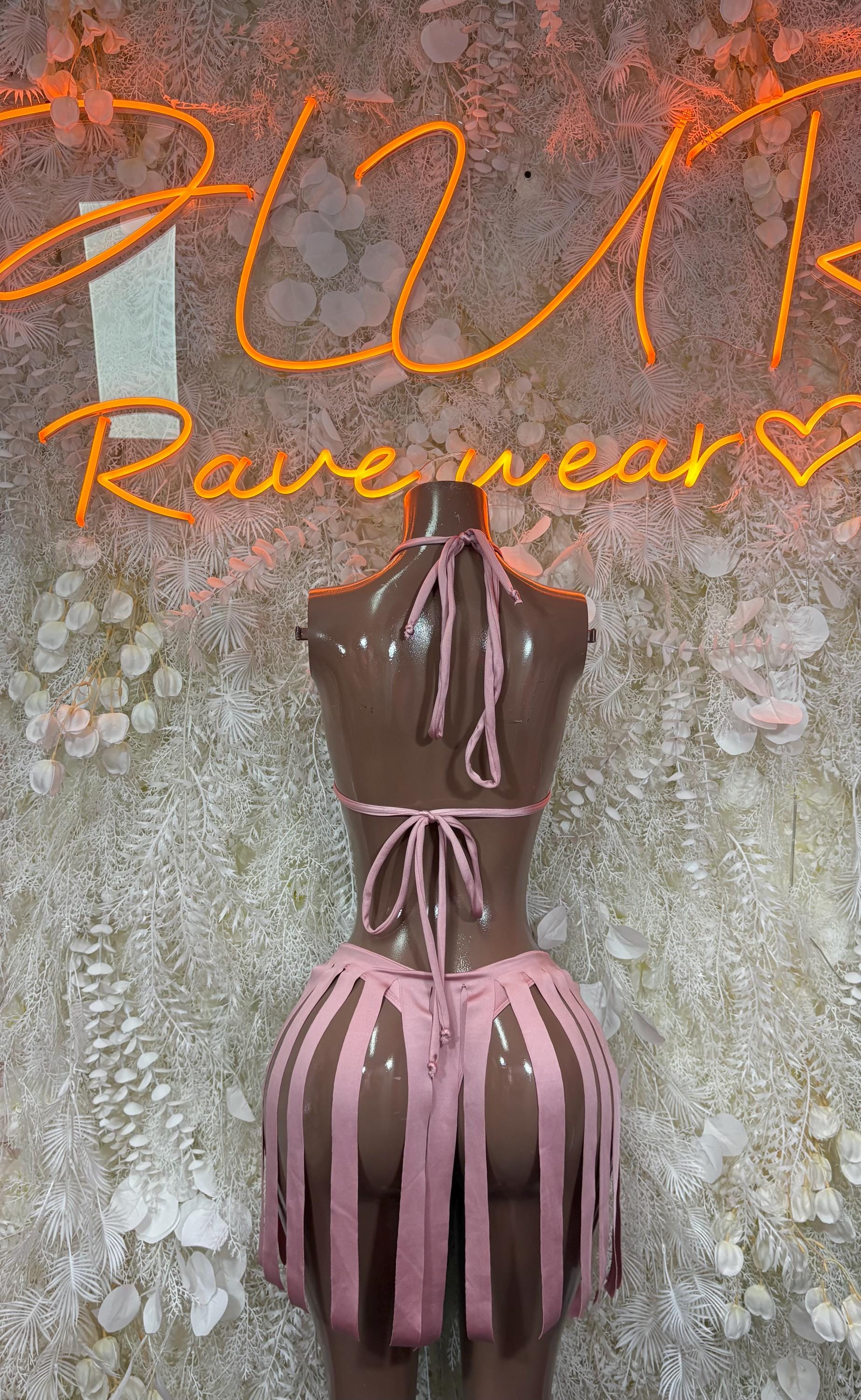 Back view: pink rhinestone triangle bikini set with tie-back halter and tassel skirt-like panels