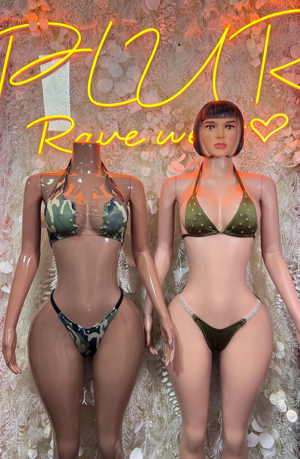 Camo-print two-piece bikini on two models, triangle top and string bottoms
