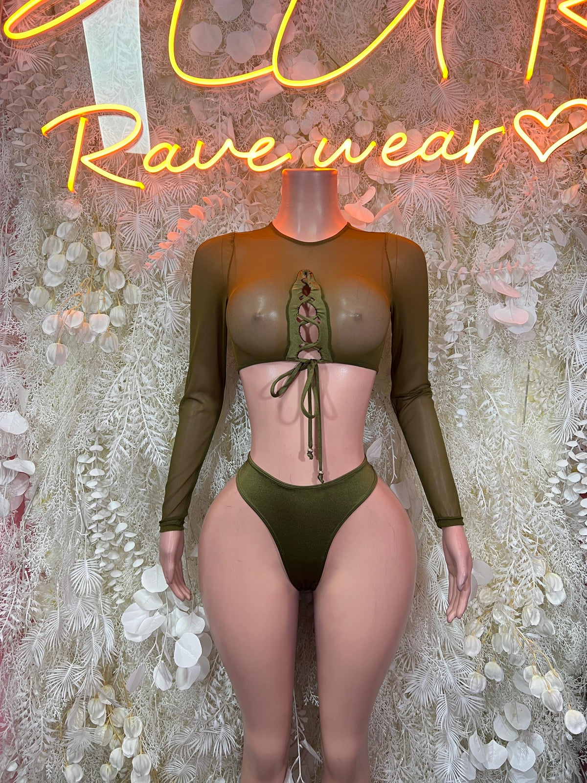 Olive Green Bottlegirl Two Piece Outfit Exotic Dancewear Outfit, Party Clubwear