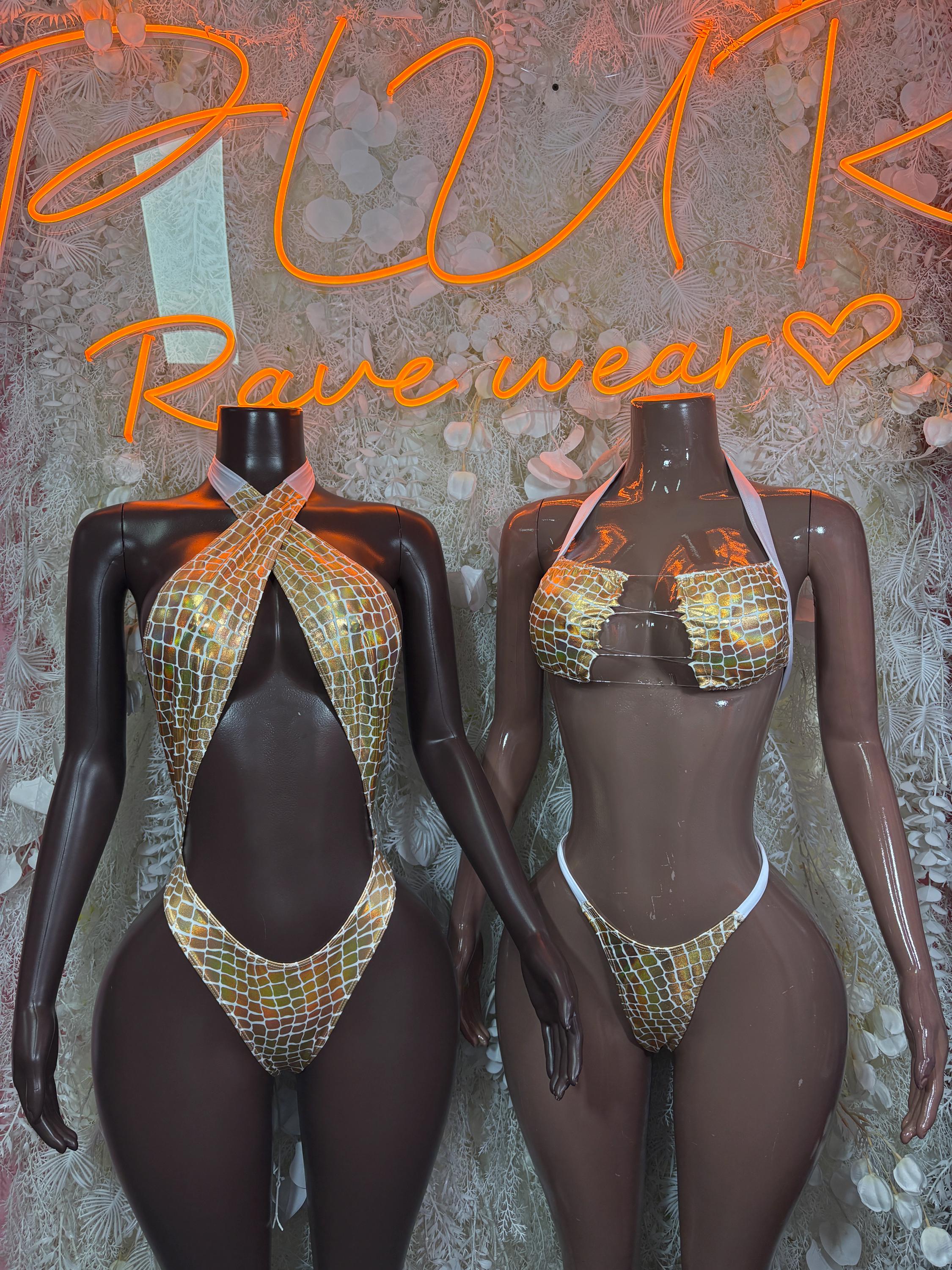 Gold Holographic Crocodile Print Bodysuit: Halter Neck Rave Clubwear