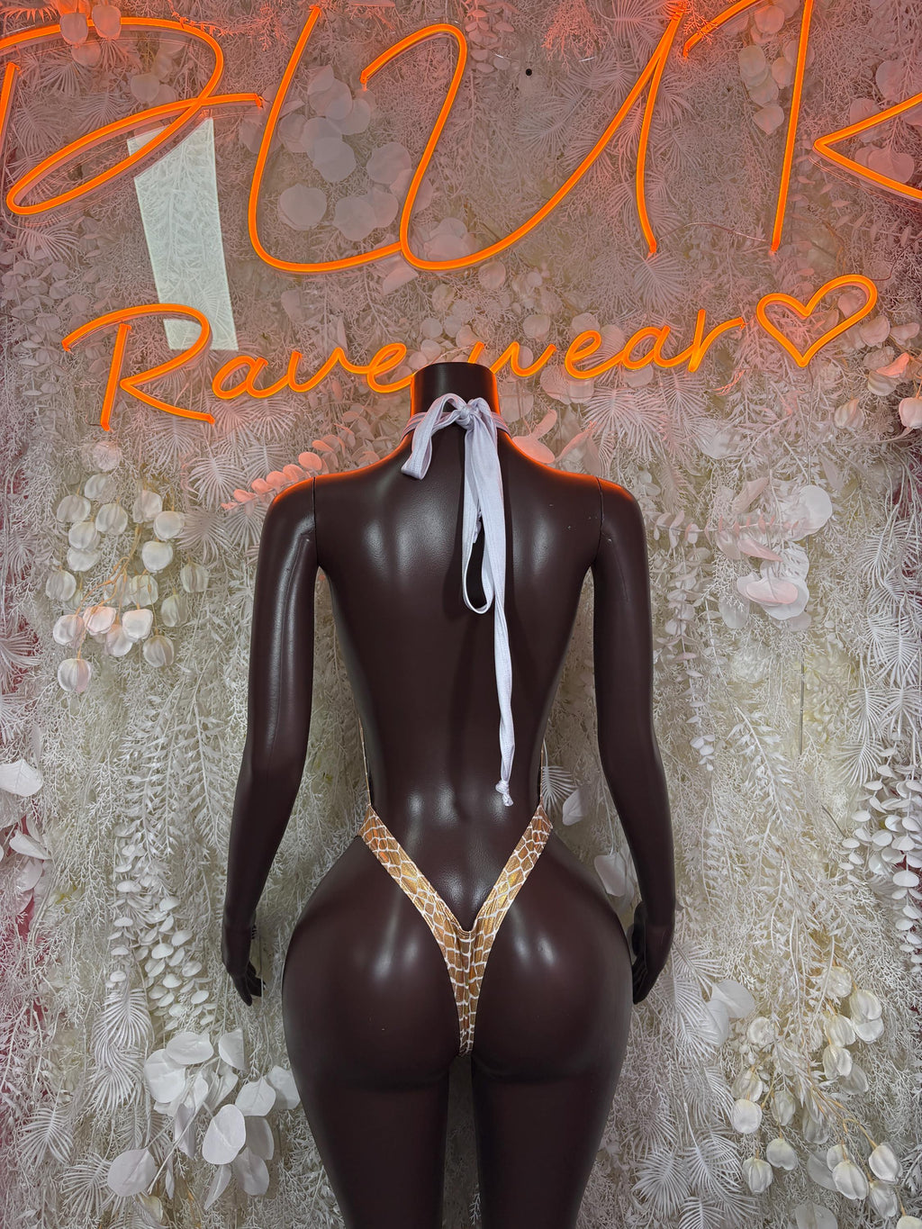 Gold Holographic Crocodile Print Bodysuit: Halter Neck Rave Clubwear