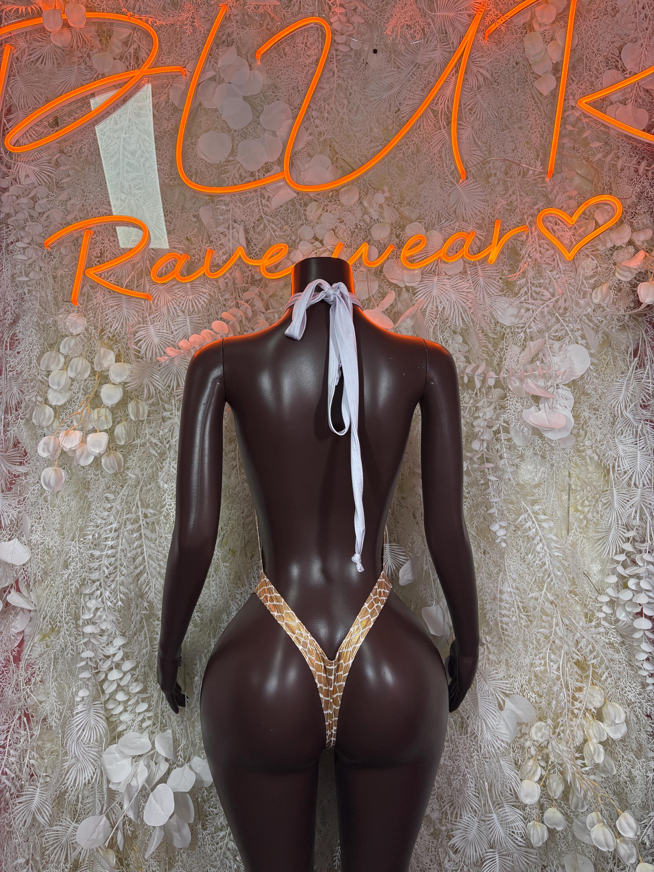 Gold Holographic Crocodile Print Bodysuit: Halter Neck Rave Clubwear