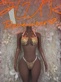 Gold Holographic Crocodile Print Bikini Set: Bandeau Micro Thong Rave Clubwear