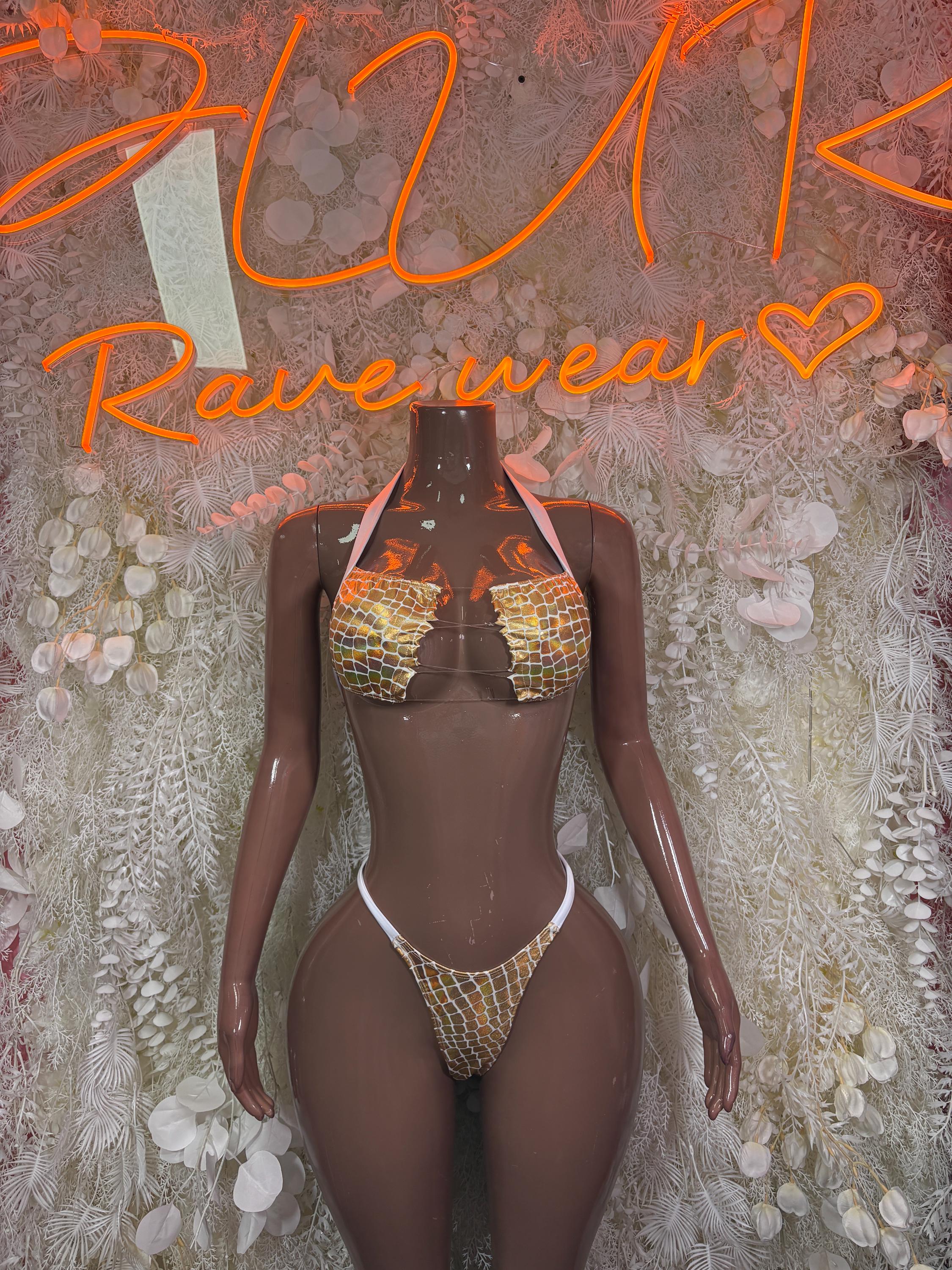 Gold Holographic Crocodile Print Bikini Set: Bandeau Micro Thong Rave Clubwear