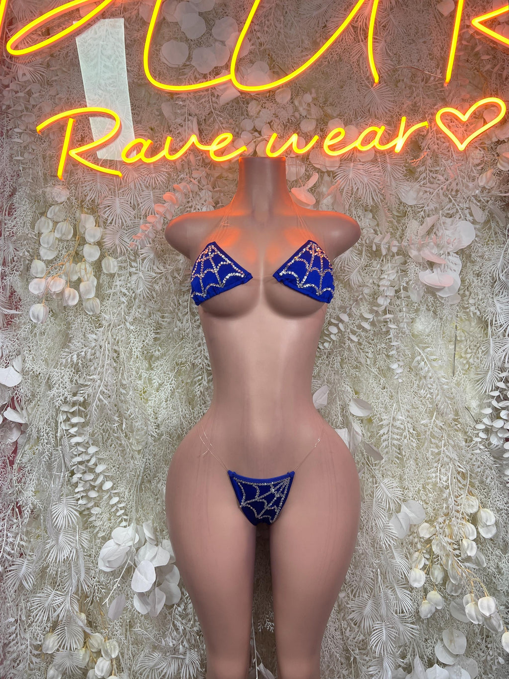 Royal Blue Rhinestone Spiderweb Micro Bikini Set Clear Strap Triangle Top Thong Rave Festival Exotic Dance Clubwear