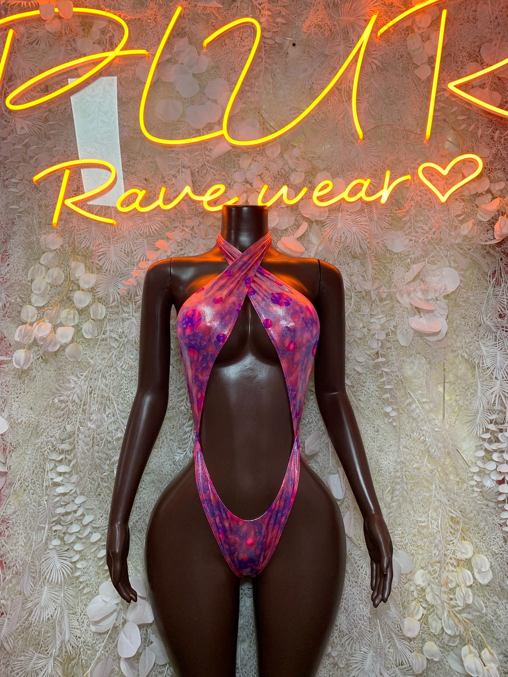 Pink Purple Holographic Bodysuit: Abstract Cross Halter Keyhole Rave Wear
