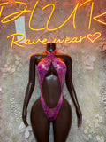 Pink Purple Holographic Bodysuit: Abstract Cross Halter Keyhole Rave Wear