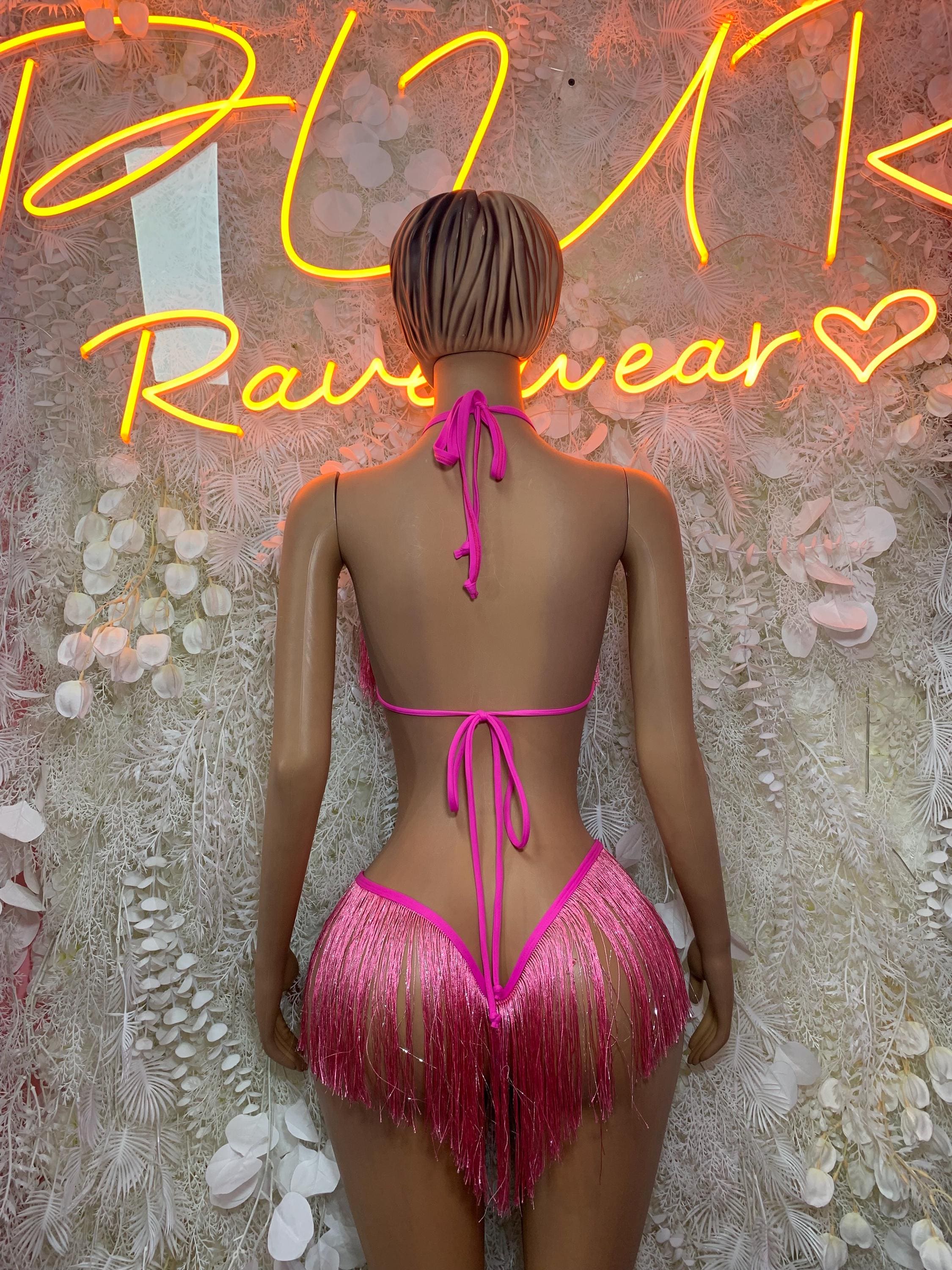 Hot Pink Metallic Fringe Bikini Set: Triangle Top, Festival Clubwear