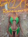 Neon Green Fringe Bikini Set: Leopard Print, Triangle Micro Rave Wear