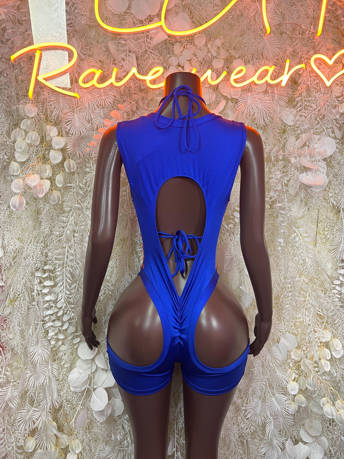 Blue backless one-piece bodysuit with lace-up neckline and cutout front