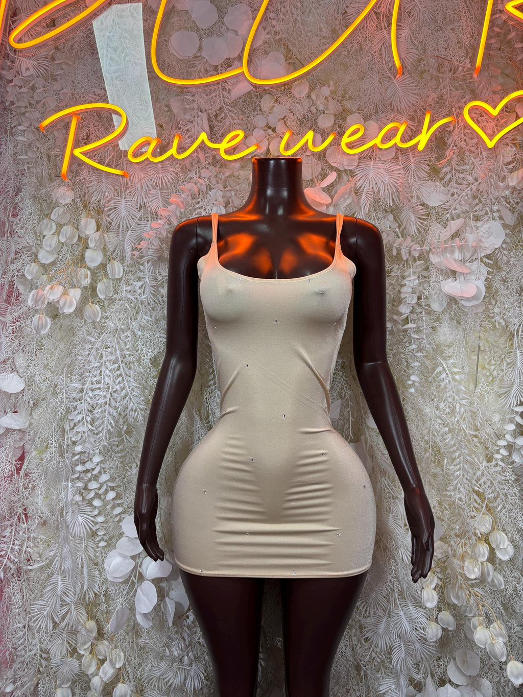 Nude Metallic Spaghetti Strap Mini Dress Rhinestone Bodycon Rave Festival Clubwear Exotic Dancewear