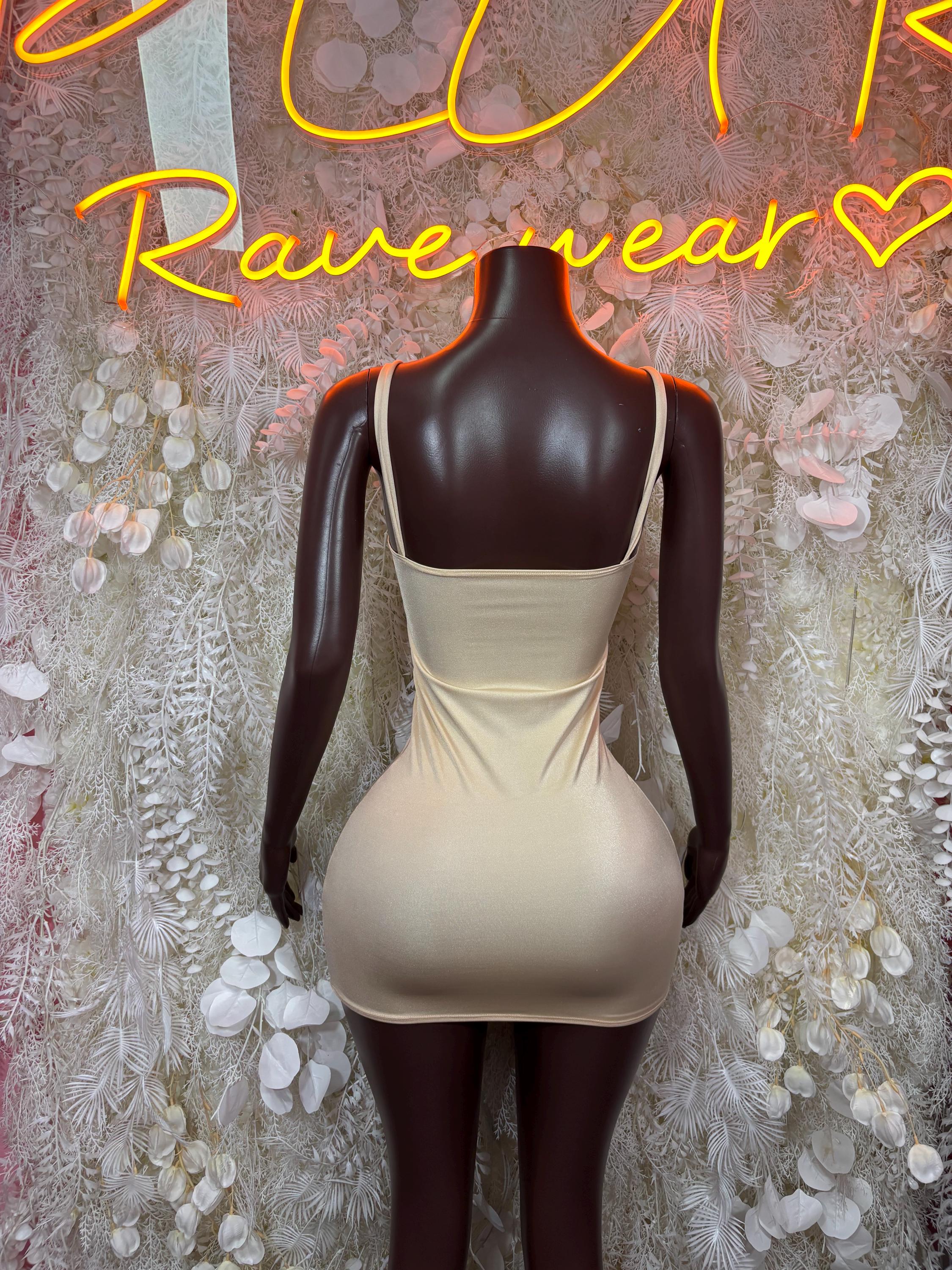 Nude Metallic Spaghetti Strap Mini Dress Rhinestone Bodycon Rave Festival Clubwear Exotic Dancewear