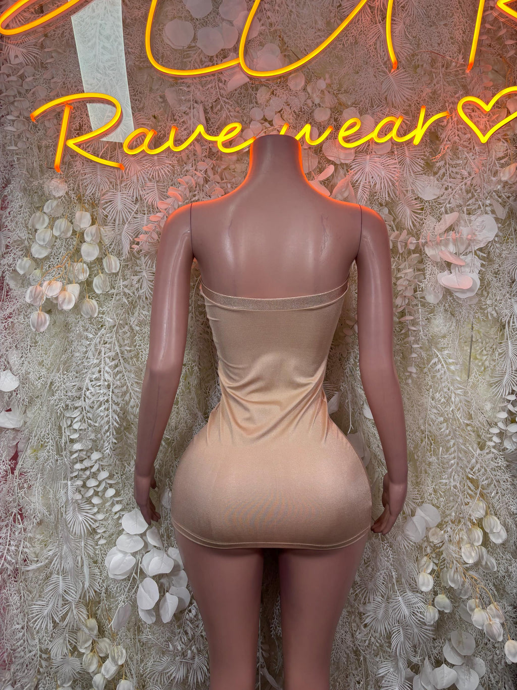 Nude Metallic Strapless Mini Dress Lace Up Front Rhinestone Bodycon Rave Festival Clubwear Exotic Dance