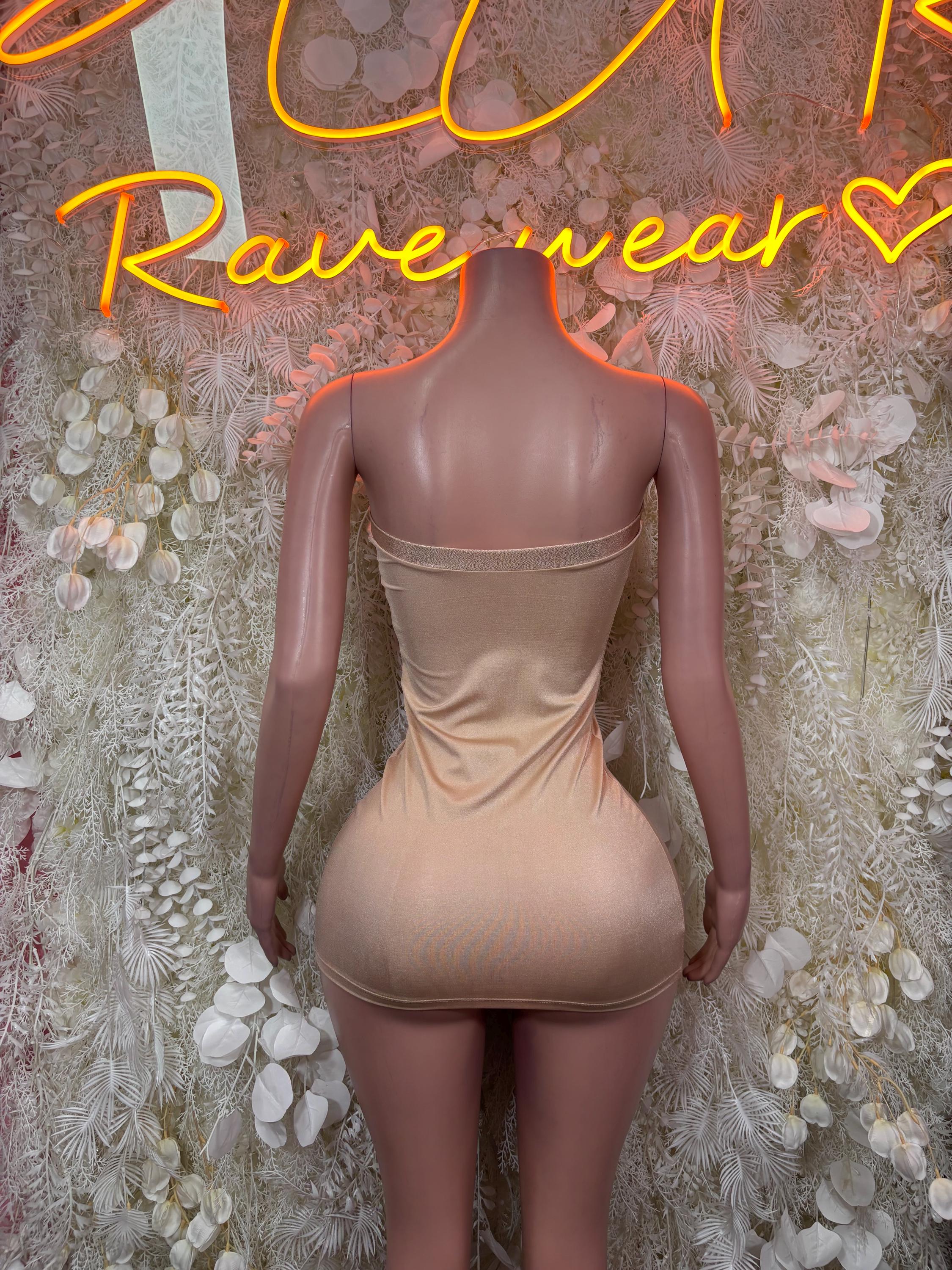 Nude Metallic Strapless Mini Dress Lace Up Front Rhinestone Bodycon Rave Festival Clubwear Exotic Dance
