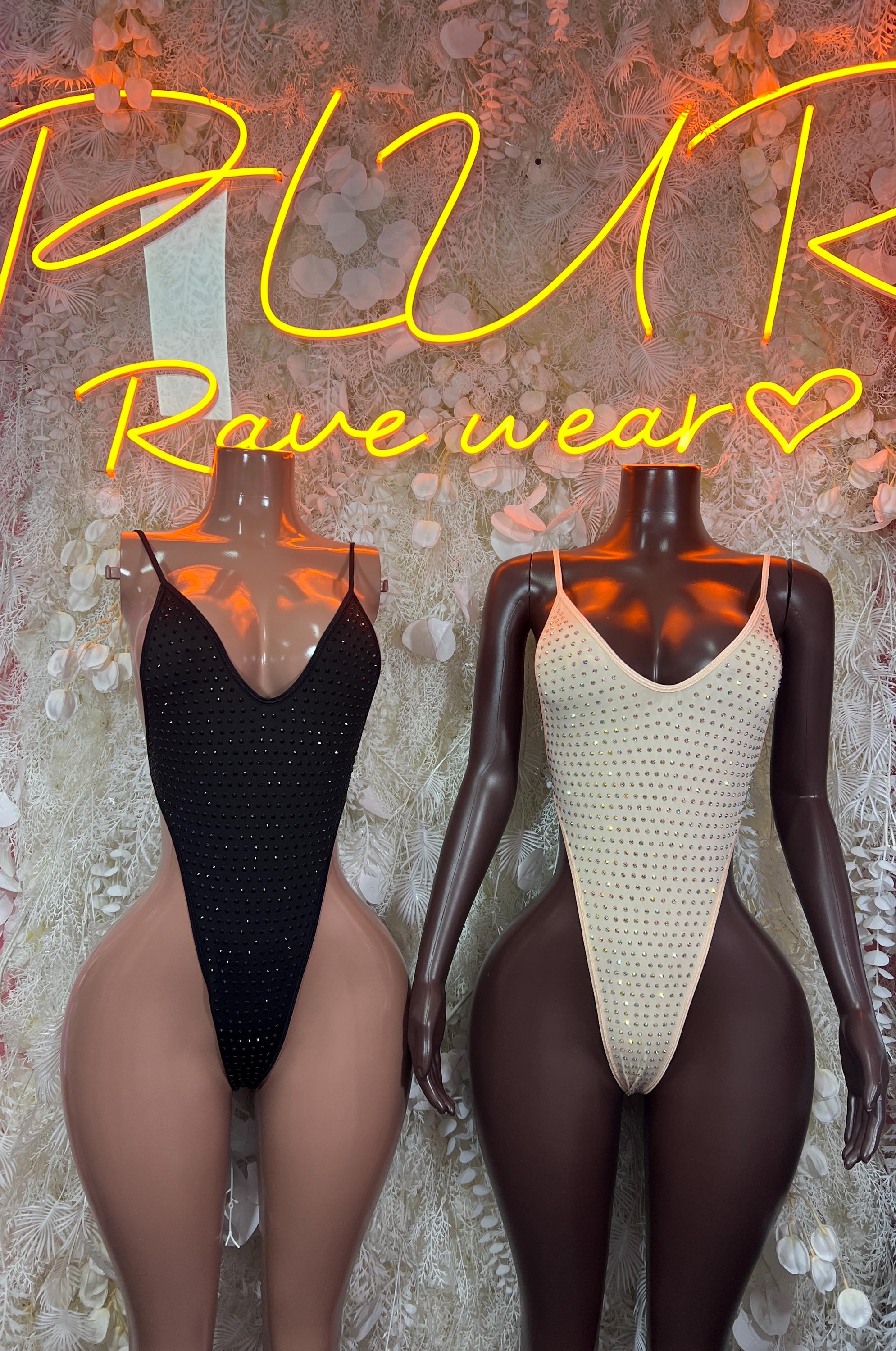 Black and white rhinestone V-neck bodysuits with high-cut bottoms