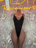 Black rhinestone V-neck bodysuit with thong-cut legs and adjustable straps