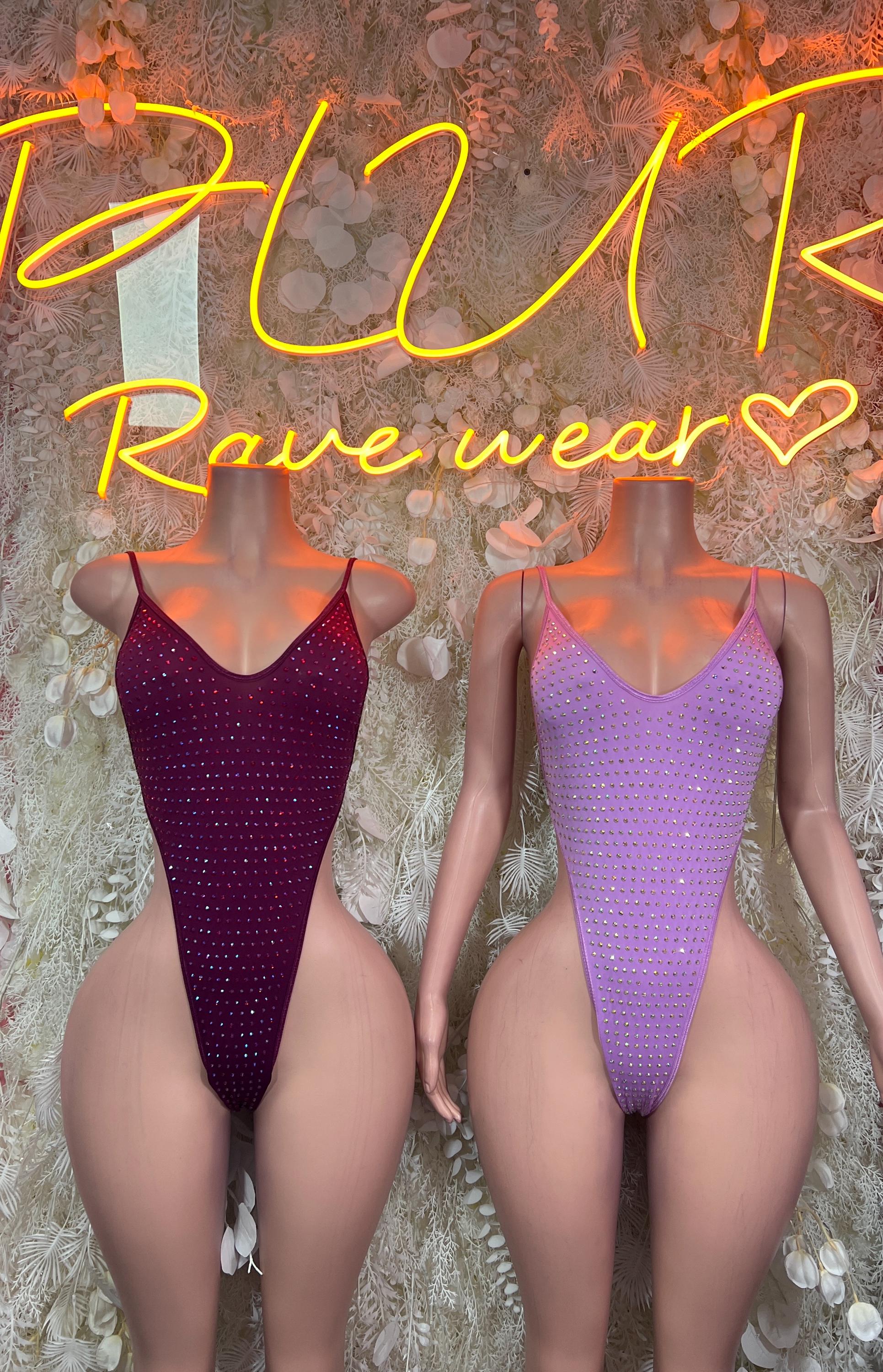 Rhinestone bodysuits: maroon on left, purple on right, thin straps with open back