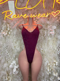 Maroon rhinestone bodysuit with thin straps, scoop neckline, high-cut leg