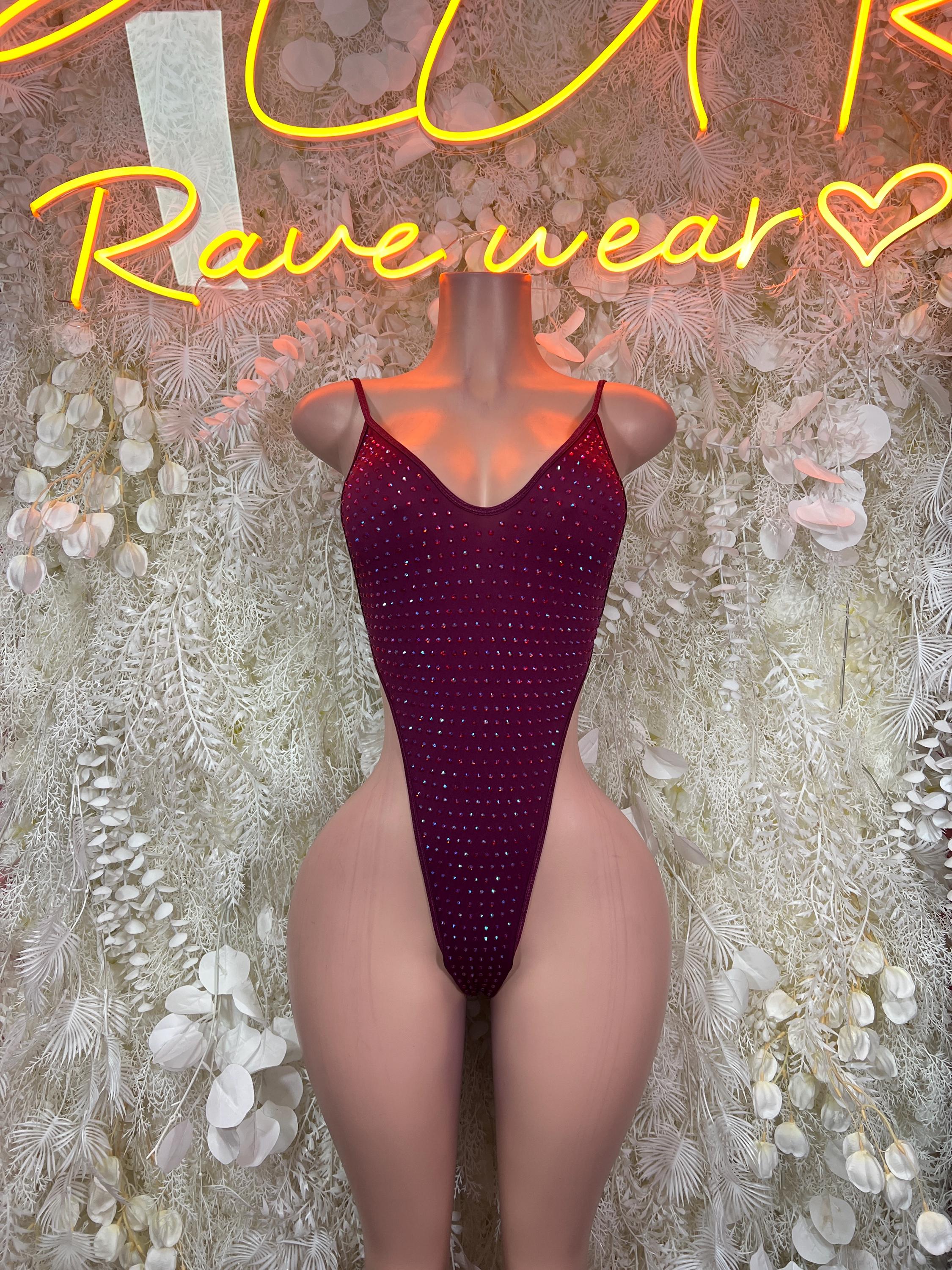 Maroon rhinestone bodysuit with thin straps, scoop neckline, high-cut leg