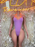 Purple rhinestone bodysuit with thin spaghetti straps, high-cut front