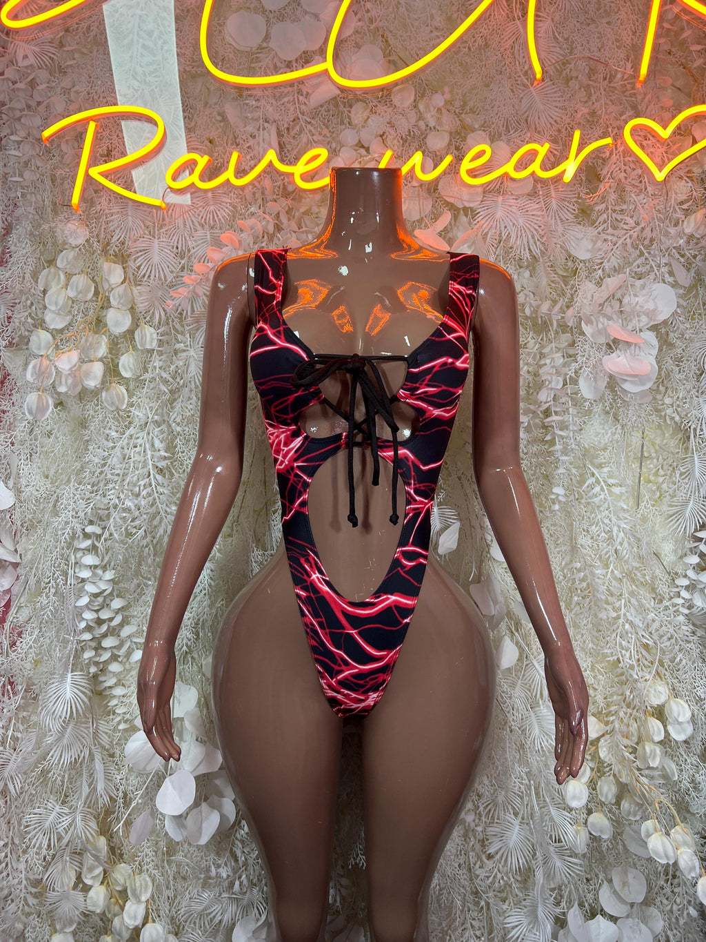 One-piece bodysuit, black with red lightning print and sheer corset front lace-up