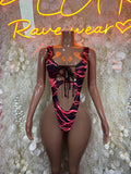 One-piece bodysuit, black with red lightning print and sheer corset front lace-up
