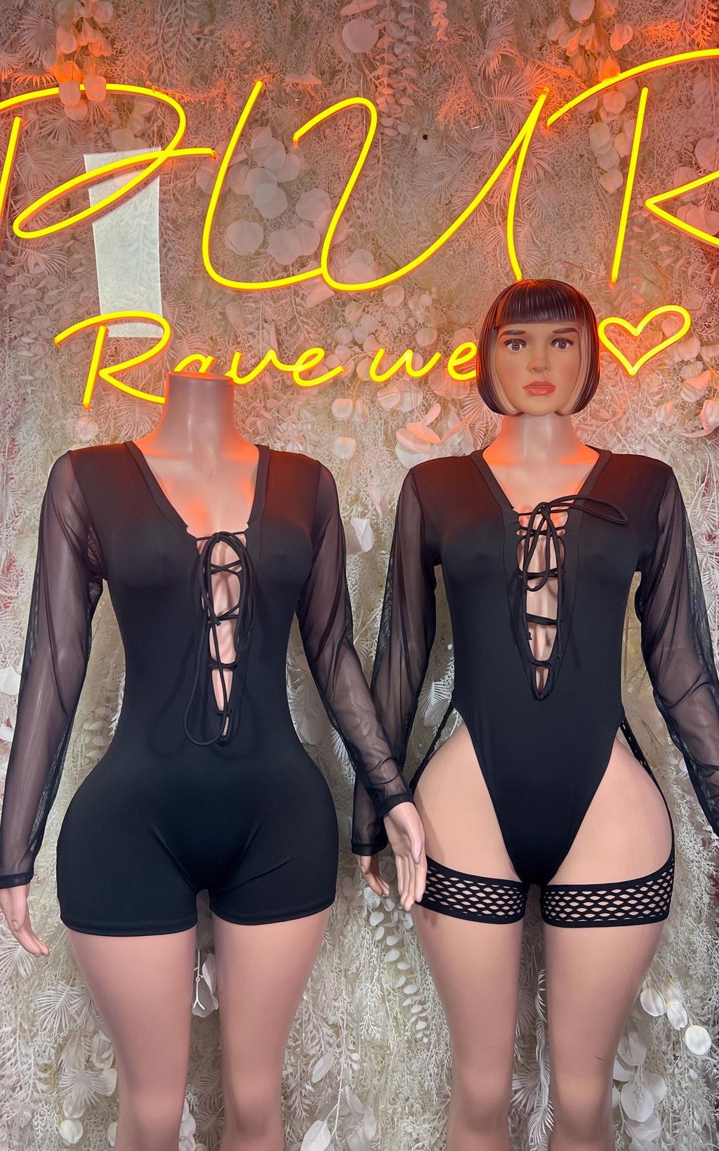 Black sheer long-sleeve lace-up one-piece with high-cut legs and short bodice