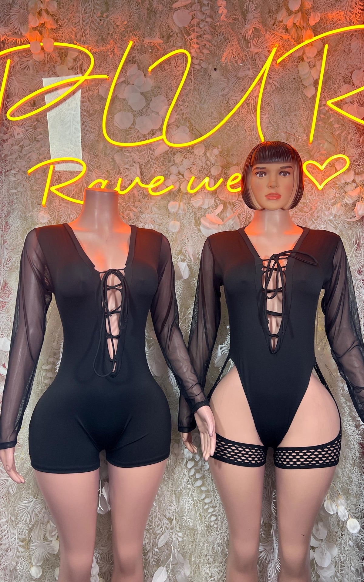 Black sheer long-sleeve lace-up one-piece with high-cut legs and short bodice