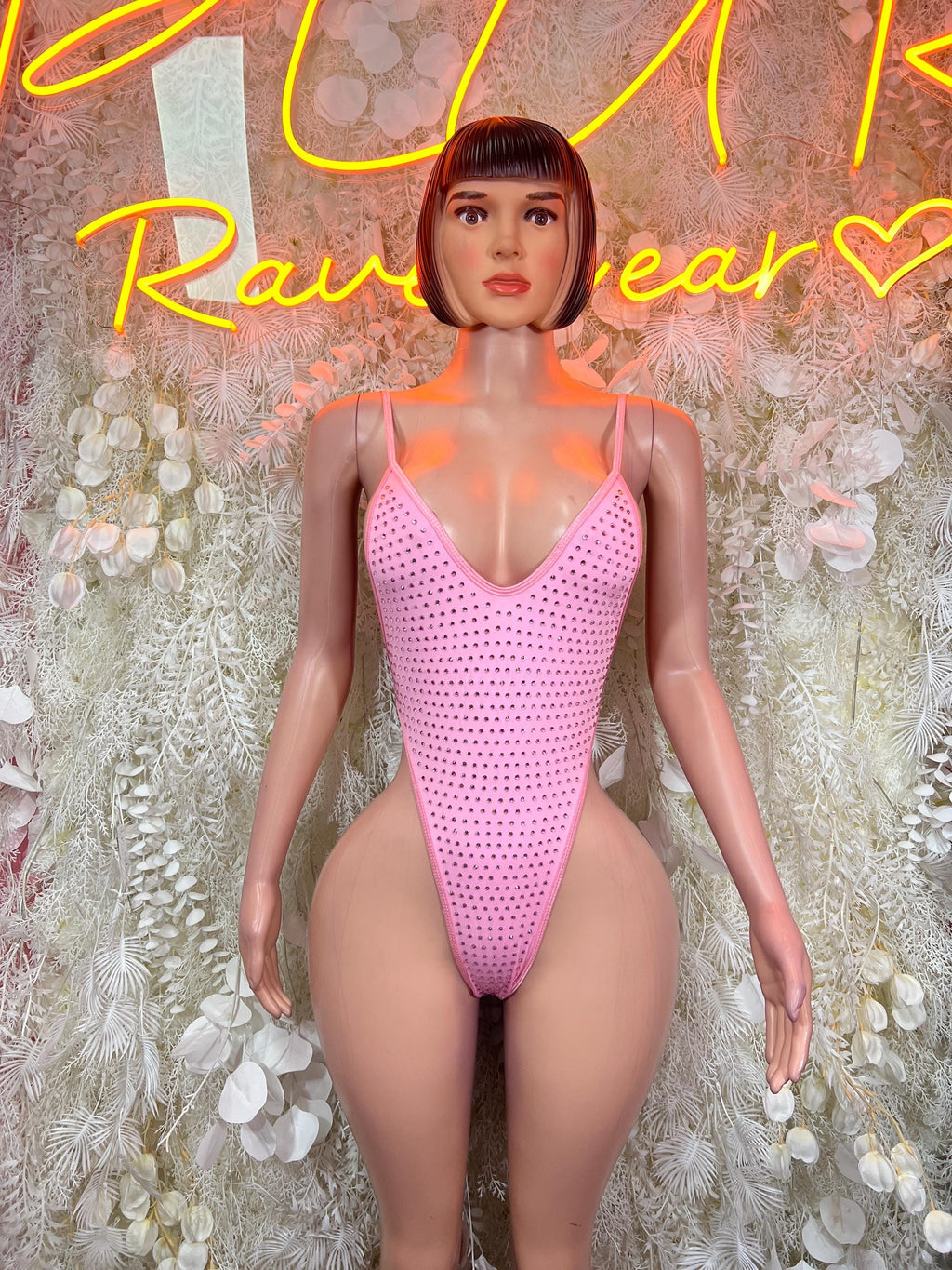 Baby Pink Rhinestone Bodysuit Festival Clothing Exotic Dancewear Bartender Outfit