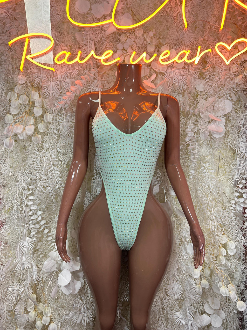 Mint rhinestone bodysuit with scoop neck and high-cut thong bottom