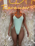 Mint rhinestone bodysuit with scoop neck and high-cut thong bottom